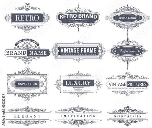 Set of creative vector templates for logos, label or banners on the theme of quality and business in vintage style. Flourishes calligraphic elements. Design frame and page decor