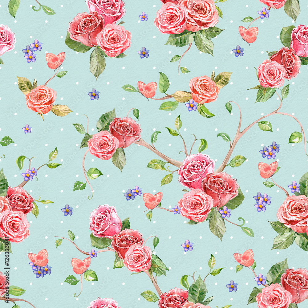 retro seamless texture with roses and butterflies. watercolor pa retro seamless texture with roses and butterflies. watercolor pa