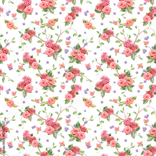 cute seamless texture with roses and butterflies. watercolor pai