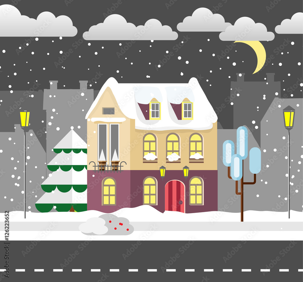 Flat style winter house. Cottage. Vector illustration. Snowfall background. Flat design winter card.