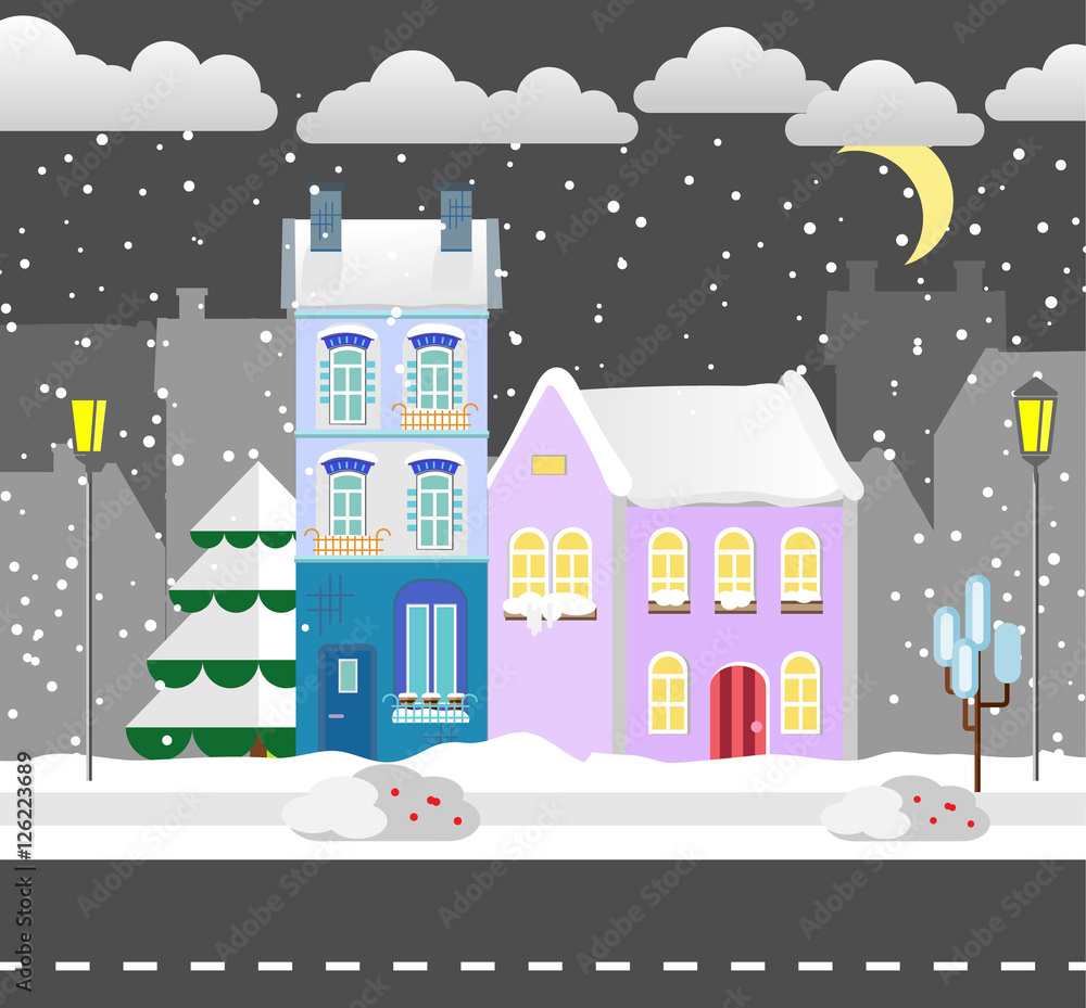Obraz premium Flat style winter house. Cottage. Vector illustration. Snowfall background. Flat design winter card.