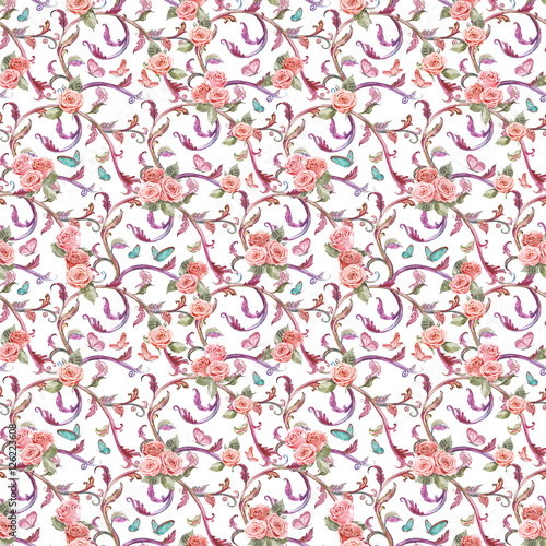 Wallpaper Mural lovely seamless texture with roses and butterflies. watercolor p Torontodigital.ca