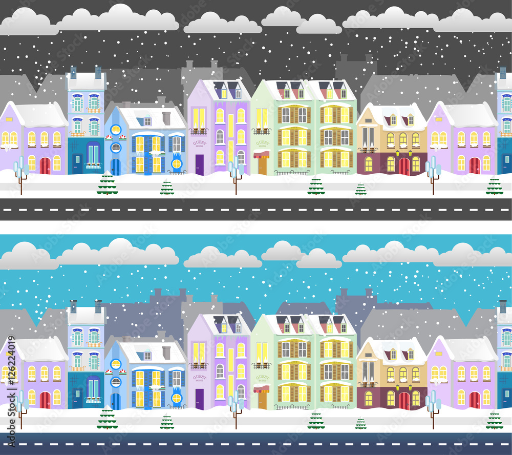 Winter flat design urban landscape illustration. Day and night city street.