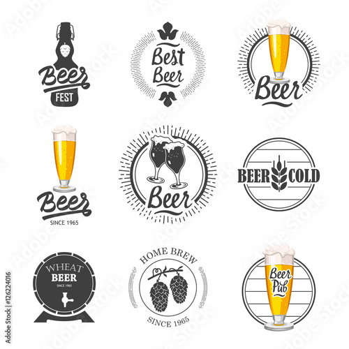 Vector Illustration with beer pub logo and labels. Simple symbols  glass  bottle. Traditions of drink. Decorative elements for your design. Black  white style.