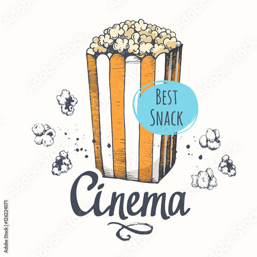 Vector illustration with sketch popcorn bucket.  design. Cinema snack. Hand drawn fast food. Movie Time poster.