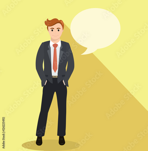 Business man standing and hands in pockets. Full length portraits of elegant, handsome man in suit. Flat design. Vector cartoon illustration