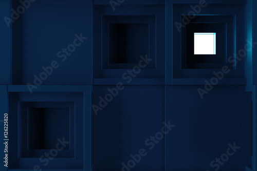 Abstract 3d rendering of several cubes. Background made of repetitive square blocks. Digital detailed illustration