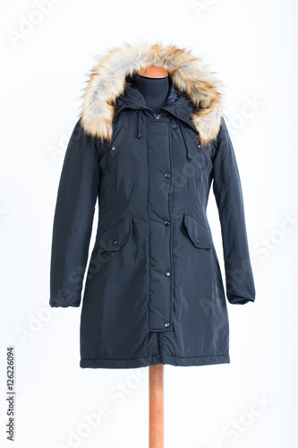 Black jacket with furry hood for women on white background