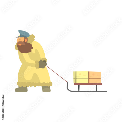 Nothern Postman In Fur Coat Dragging Sled With Mail