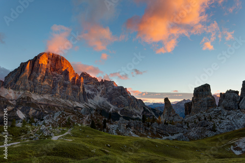 Mountain Cinque Torri  The Five Pillars  at sunrise  Dolomites  Italy