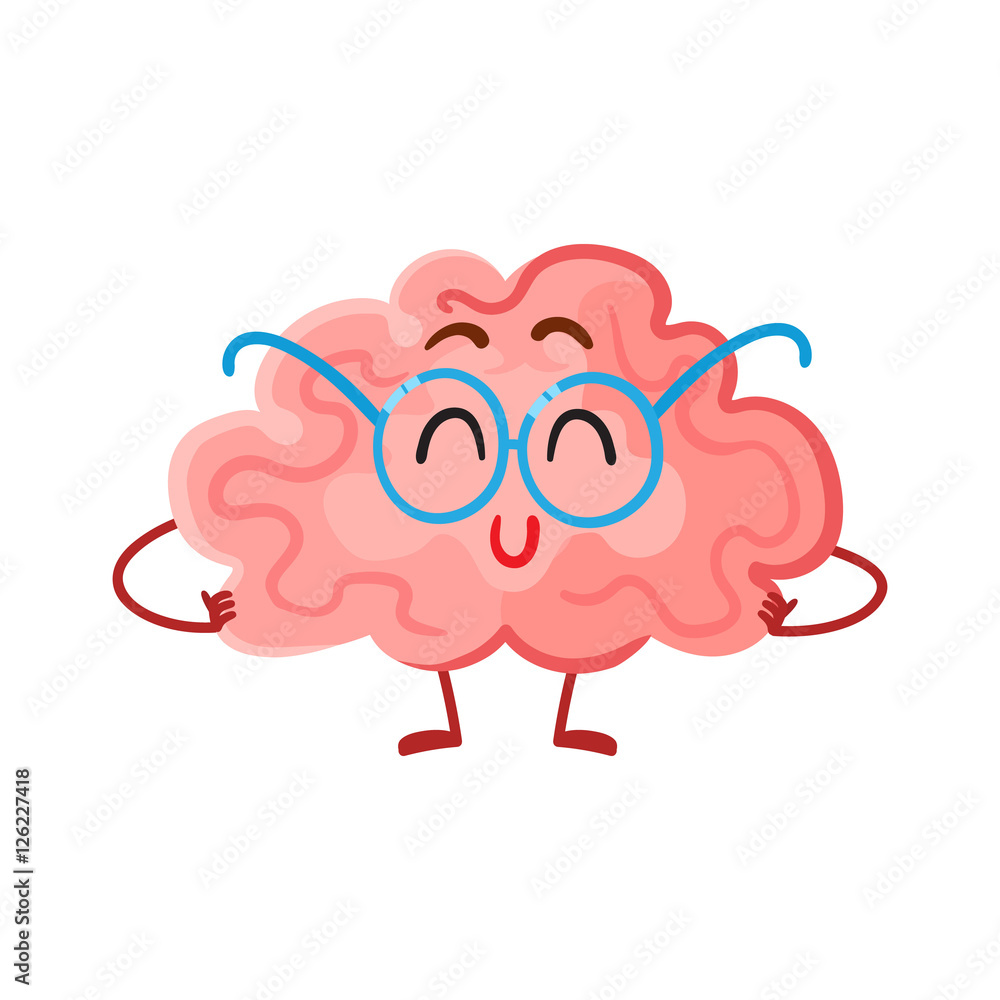 Funny smiling brain in round glasses, cartoon vector illustration on white background. Cute brain character in nerdy glasses as a symbol of brain training, education and development Funny smiling brain in round glasses, cartoon vector illustration on white background. Cute brain character in nerdy glasses as a symbol of brain training, education and development