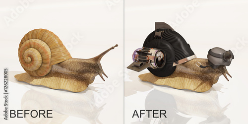 snail, before and after upgrade, 3d rendering photo