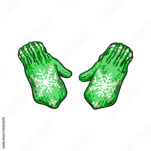 Pair of bright green winter knitted mittens with snowflakes, sketch style vector illustrations isolated on white background. Hand drawn woolen mittens with knitted snoflakes, winter accessory © sabelskaya