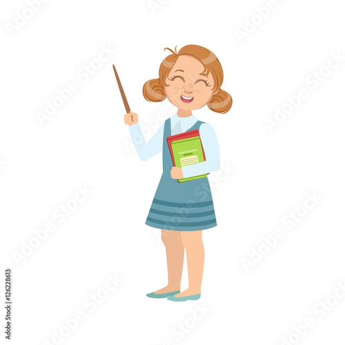 Girl Dressed As Teacher With Books And Stick