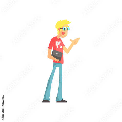 Programmer Talking Holding A Lap Top Funny Character