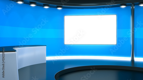 a blue television studio background