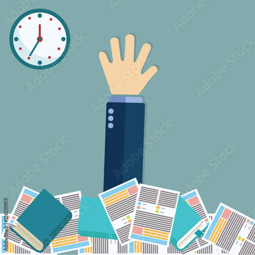 Overworked businessman under a lot of documents. A lot of work concept. Vector colorful illustration in flat design isolated on white