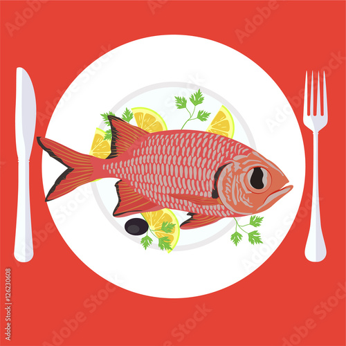 Vector illustration of grill prepared fish with lemon and parsley