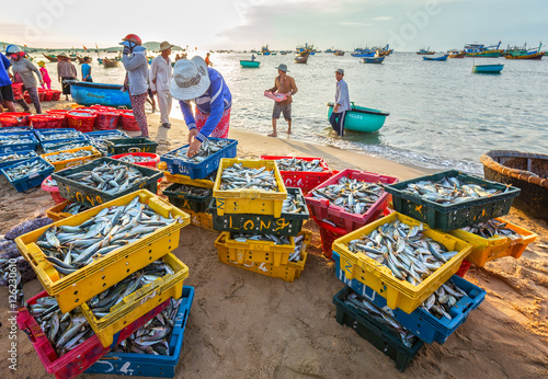 фотографія Phan Thiet, Vietnam - July 26th, 2016: Fish market session seas scene people gat