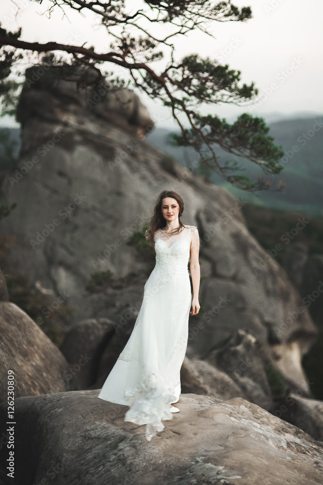 Gorgeous bride in elegant dress holding bouquet posing near forest 