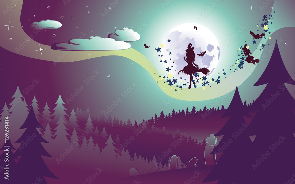 Naklejka premium Flying Witch in the Woods
