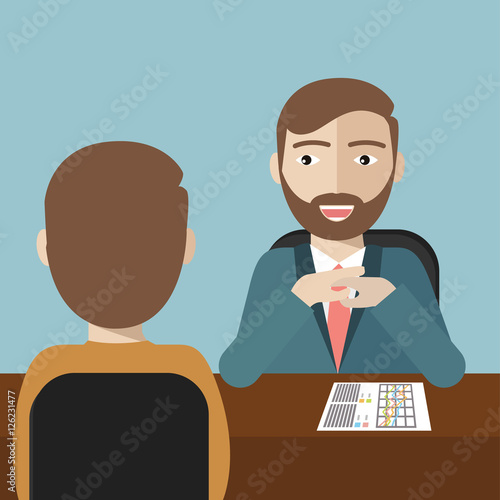 Human resource manager with beard interviewed the applicant with his curriculum vitae for the job vacancy. Employment, recruitment concept