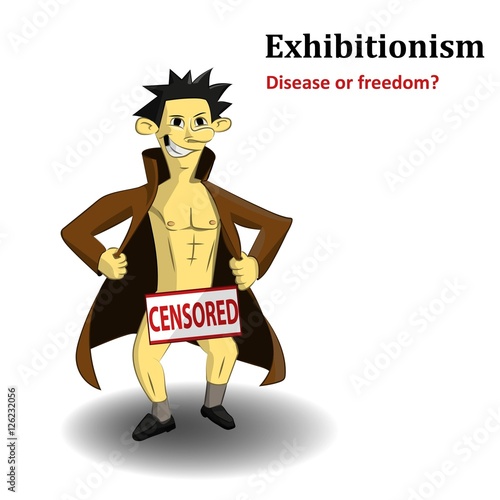 Fotografie exhibitionist in only one coat with a sign that read censored