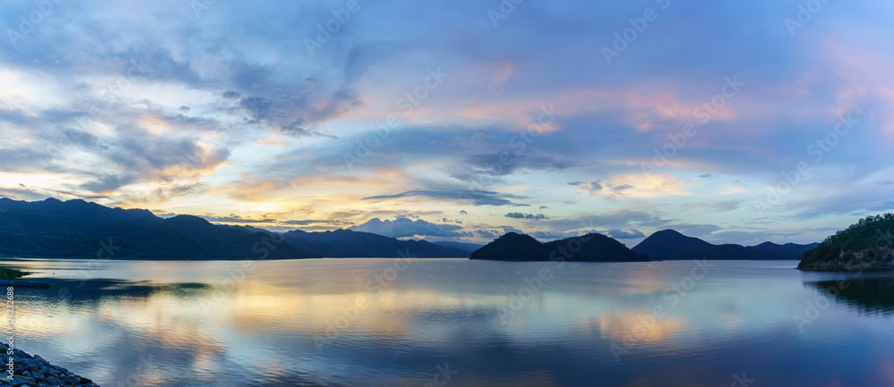 Panoramic scenery of Srinagarind Reservoir or Srinakharin dam , Kanchanaburi , Thailand