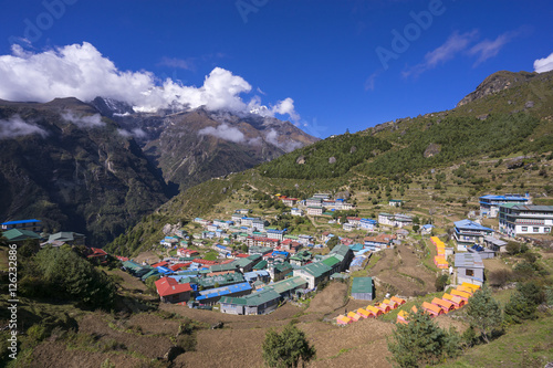 View on Namche Bazar in sunny day, Khumbu district, Nepal. No retouch. photo