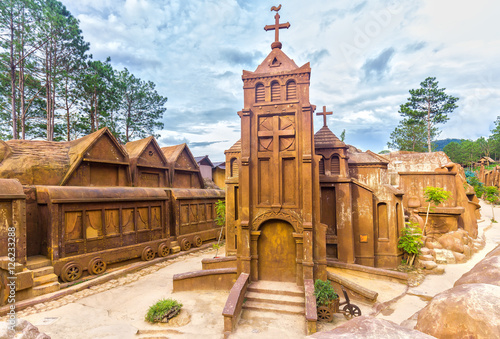 Lam Dong, Vietnam - August 1st, 2016: Clay building of church amazing destination for tourism, work of art know as sculpture from clay tunnel, this architectural only in Lam Dong, Vietnam