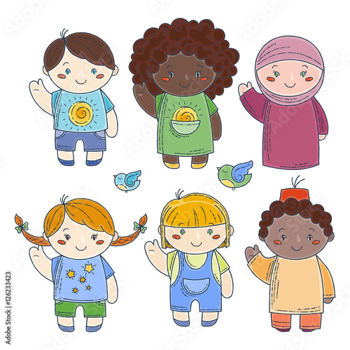 Set of cute doodle children. Kindergarten, camp, people collection.