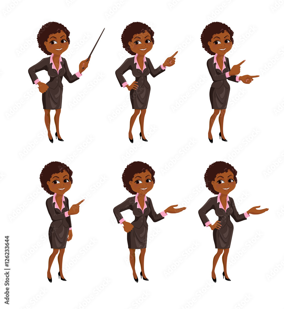 Set of cartoon African American smiling business woman in suit standing ...