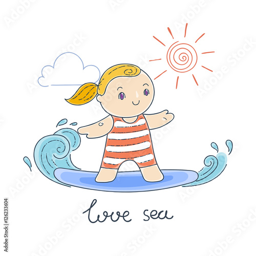 Illustration with a Kid on a Surfboard Riding a Wave