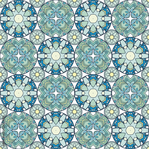 Patch Boho Flower Seamless Pattern. Mandala patchwork, oriental design. Wallpaper, furniture textile, fabric print, tile deco.