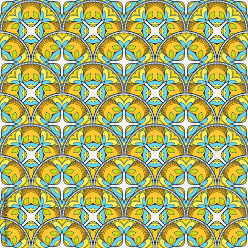 Patch Boho Flower Seamless Pattern. Mandala patchwork, oriental design. Wallpaper, furniture textile, fabric print, tile deco.