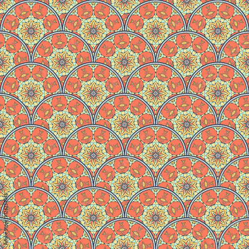 Patch Boho Flower Seamless Pattern. Mandala patchwork, oriental design. Wallpaper, furniture textile, fabric print, tile deco.