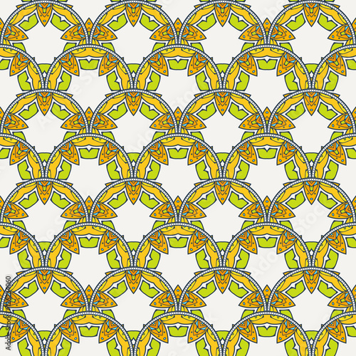 Patch Boho Flower Seamless Pattern. Mandala patchwork, oriental design. Wallpaper, furniture textile, fabric print, tile deco.