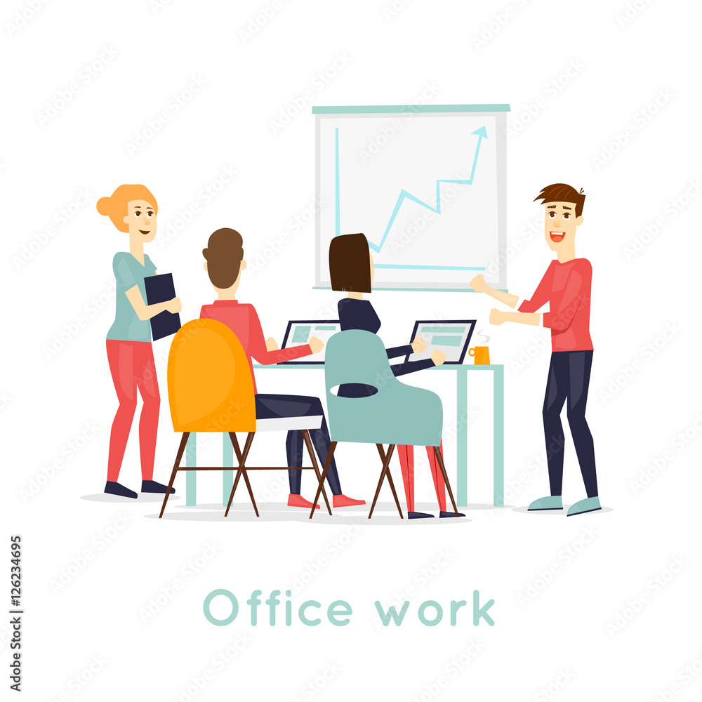 Business characters. Co working people, meeting, teamwork, collaboration and discussion, conference table, brainstorm. Workplace. Office life. Isolated background. Flat design vector illustration.