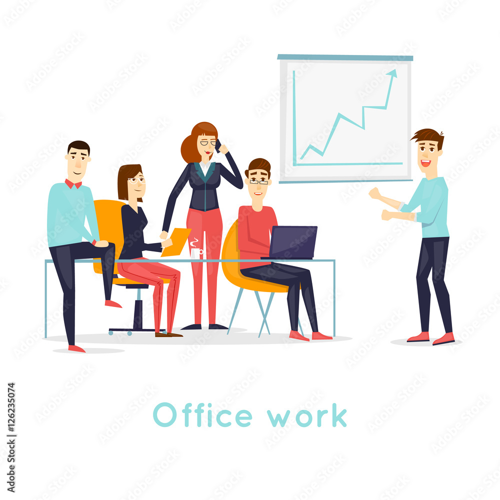 Business characters. Co working people, meeting, teamwork, collaboration and discussion, conference table, brainstorm. Workplace. Office life. Isolated background. Flat design vector illustration. Business characters. Co working people, meeting, teamwork, collaboration and discussion, conference table, brainstorm. Workplace. Office life. Isolated background. Flat design vector illustration.