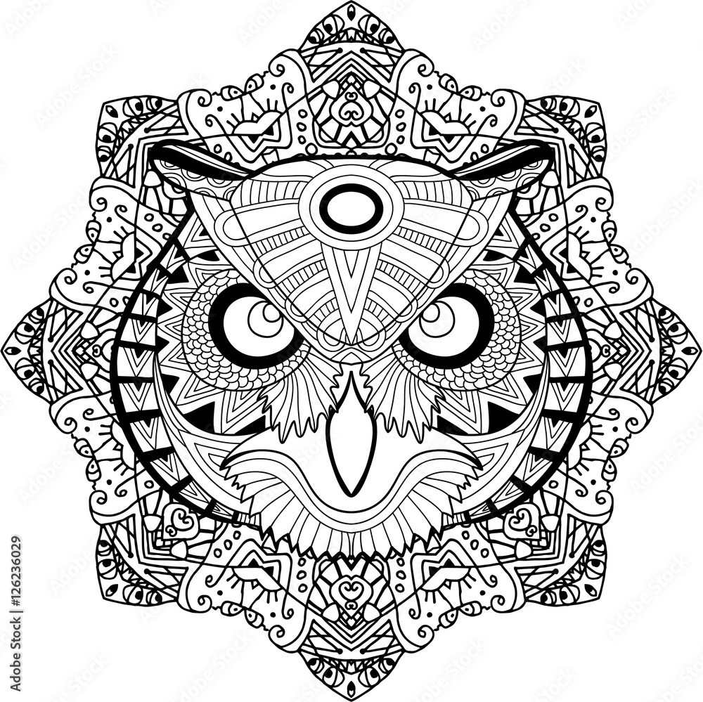 Fototapeta premium Coloring page for adults. Stern owl on a background of a circular mandala pattern.