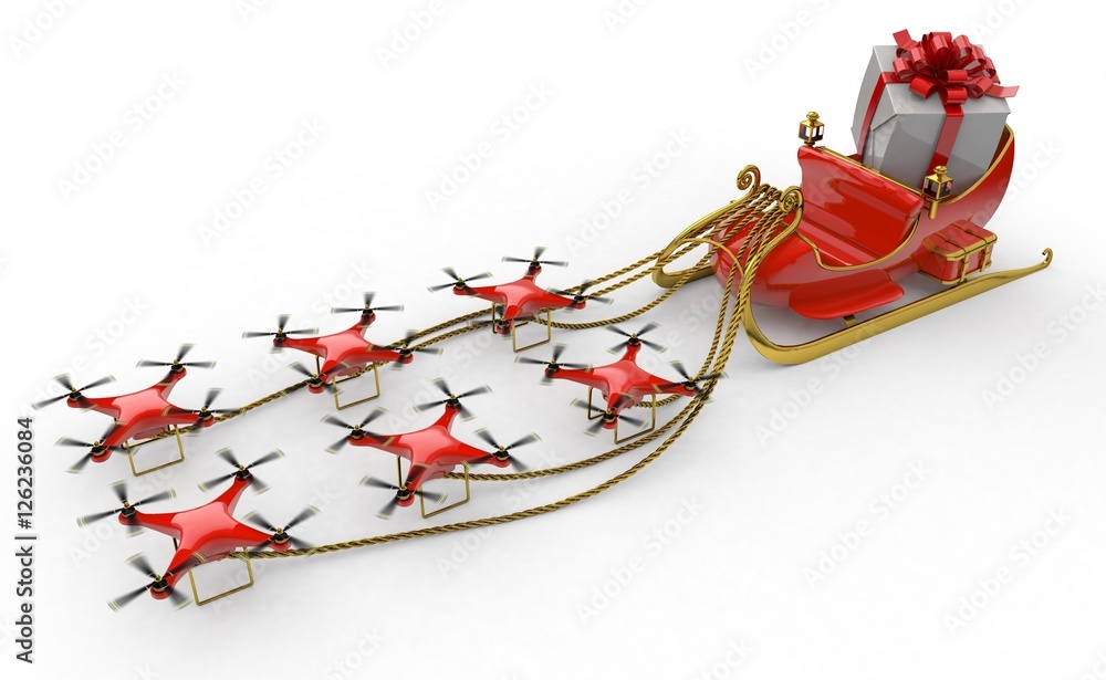 3D Illustration of sleigh being pulled by drones - obrazy, fototapety, plakaty 