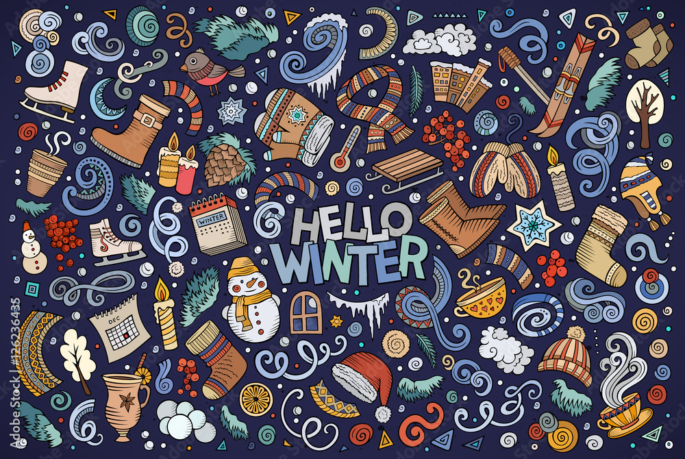 Naklejka premium Cartoon set of Winter season objects