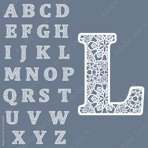 Templates for cutting out letters. Full English alphabet.  May be used for laser cutting. Fancy lace letters.