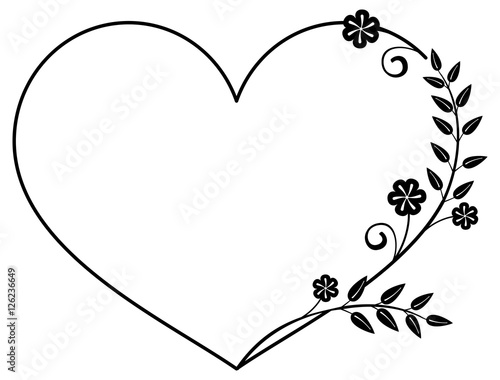 Heart-shaped black and white frame with floral silhouettes.