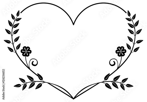 Heart-shaped black and white frame with floral silhouettes.