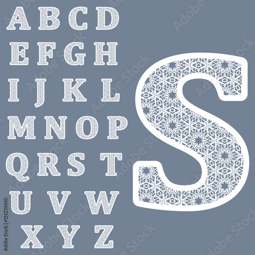 Templates for cutting out letters. Full English alphabet.  May be used for laser cutting. Fancy lace letters.