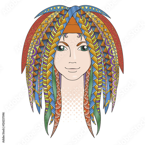 Colorful young girl with patterned zentangle dreadlocks. Ornate hairstyle.