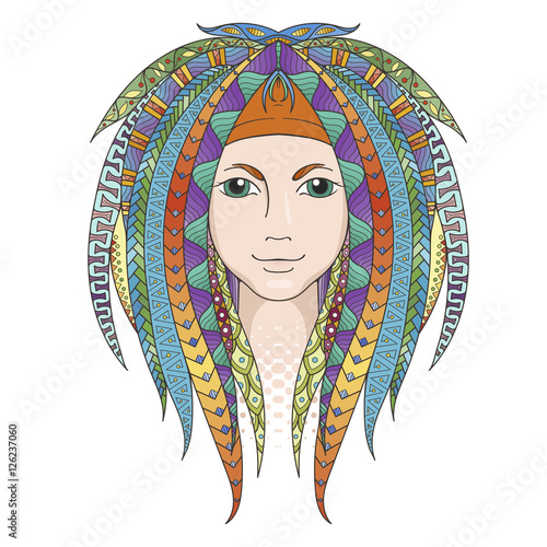 Colorful young girl with patterned zentangle dreadlocks. Ornate hairstyle.