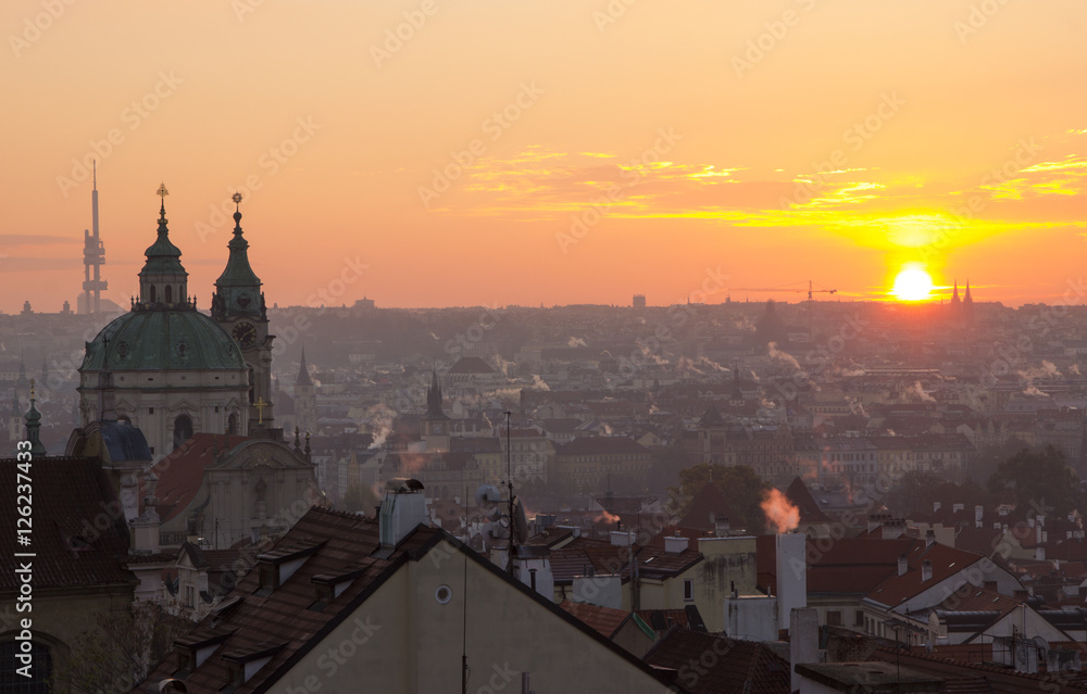 Panoramic image of Prague during sunrise