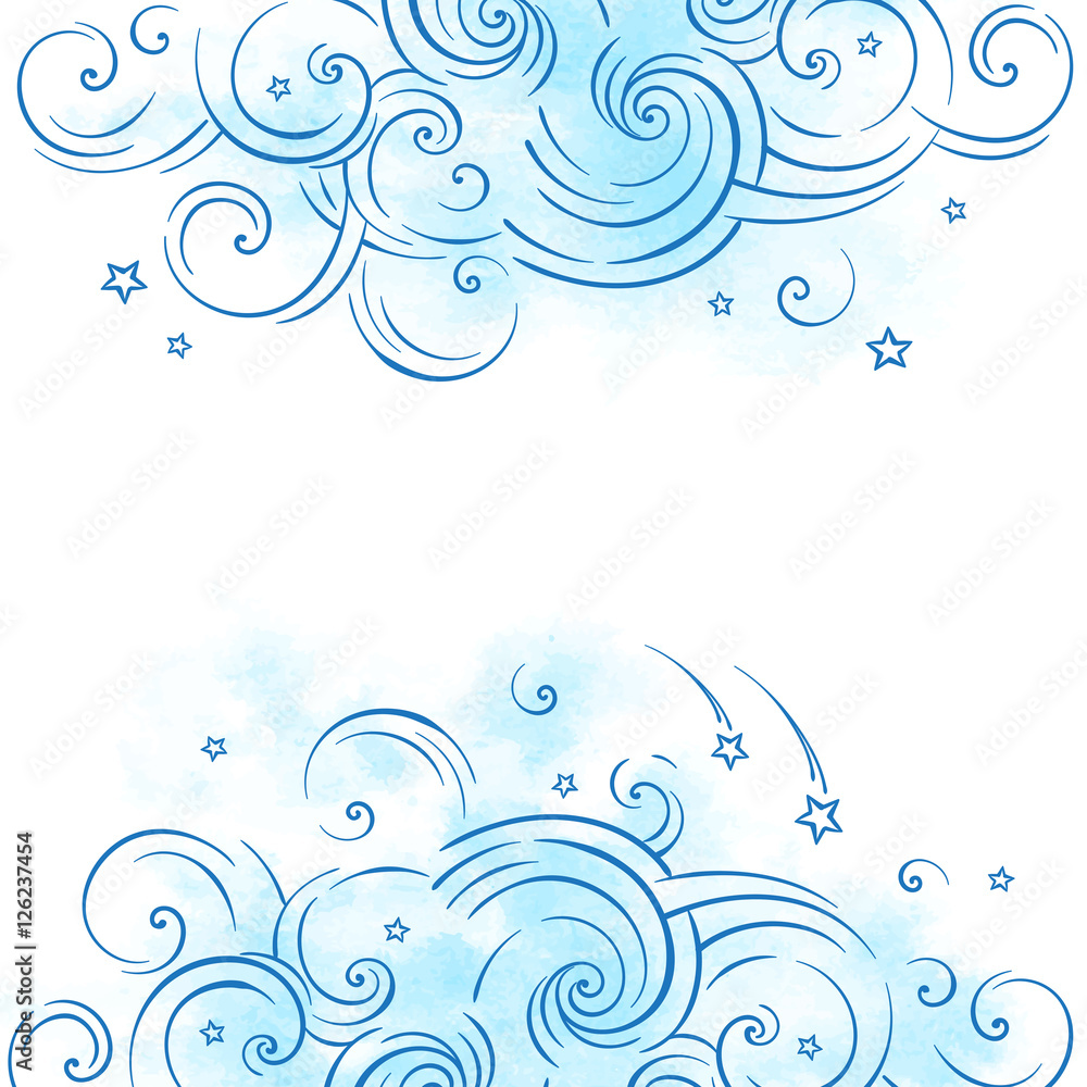 Blue dream cloud and shooting stars boho doodle background vector Blue dream cloud and shooting stars boho doodle background vector